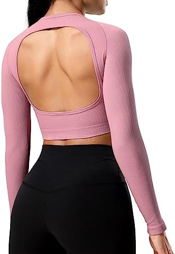 YEOREO Janelle Ribbed Open Back Top Womens Activewear T-Shirts Workout Yoga Gym Shirts Long Sleeve Tank