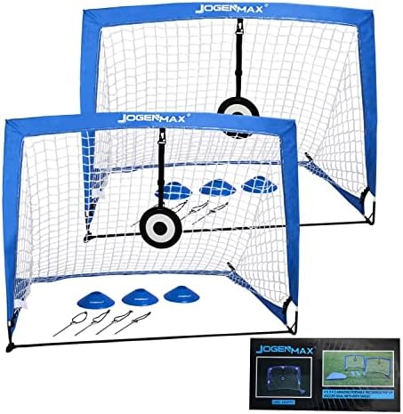 JOGENMAX Portable Soccer Goal, Pop Up Goal Nets with Aim Target,Set of 2, with Agility Training Cones,Led Lights and Carry Case Gift for Kids Teen Boy & Adults