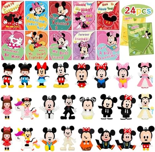 Valentines Cards for Kids Classroom - Valentines Day Gifts for Kids, 24 Mouse 3D Figurine Keychains with 24Pcs Valentines Day Cards, Valentines Party Favor for School Exchange Gift, Classroom Prizes