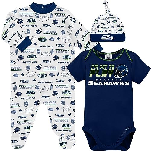 NFL Seattle Seahawks 3 Pack Bodysuit Sleep n Play Footie Cap Registry Gift Set, blue/white Seattle Seahawks, 0-3M