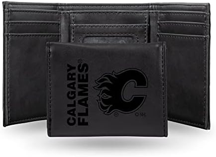 Rico Industries NHL Calgary Flames Premium Laser Engraved Vegan Black Leather Tri-fold Wallet - Slim yet Sturdy Design - Perfect to Show Your Team Pride or Gift