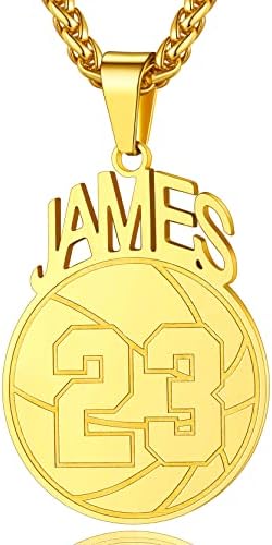 GoldChic Jewelry Men's Personalized Ball Tag with Jersey Number Custom Name For Sport Players Fans, Stainless Steel Baseball Basketball Football Soccer Volleyball Pendant Necklace Gift For Athlete