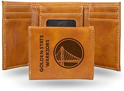 Rico Industries NBA Golden State Warriors Men’s Trifold Brown Wallet - Premium 9 Pocket Laser-Engraved Team Logo on Vegan Leather - Minimalist Design, ID Window, Credit Card Holder - Ideal Men’s Gift