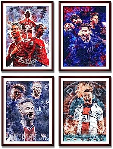 Famous Football Superstar Ronaldo, Messi, Neymar And Mbape Set of 4 Poster Prints Wall Decor Bedroom for Living Room Sport Room Gift for Fan Football Size 11.7x16.5 inch UNFRAMED