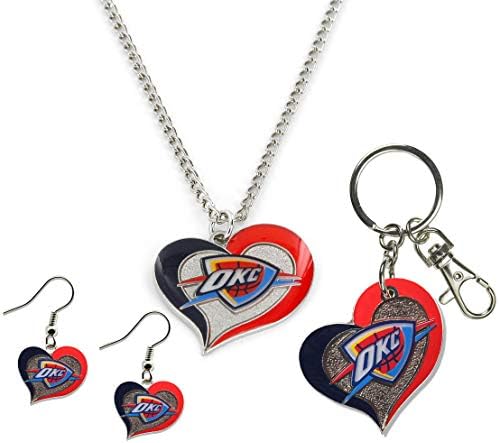 NBA Oklahoma City Thunder Swirl Heart Collection Stainless Steel Keychain, Earings and Necklace Gift Bundle