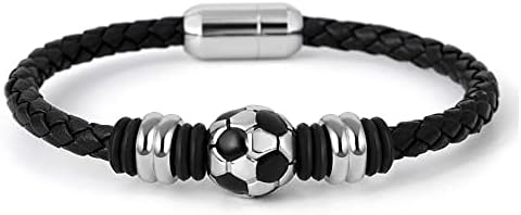 Soccer Bracelet Genuine Braided Leather Football Magnetic Clasp Wristband Bracelets Gift for Team Girl Boy Soccer Fans