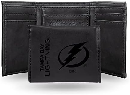 Rico Industries NHL Tampa Bay Lightning Premium Laser Engraved Vegan Black Leather Tri-fold Wallet - Slim yet Sturdy Design - Perfect to Show Your Team Pride or Gift